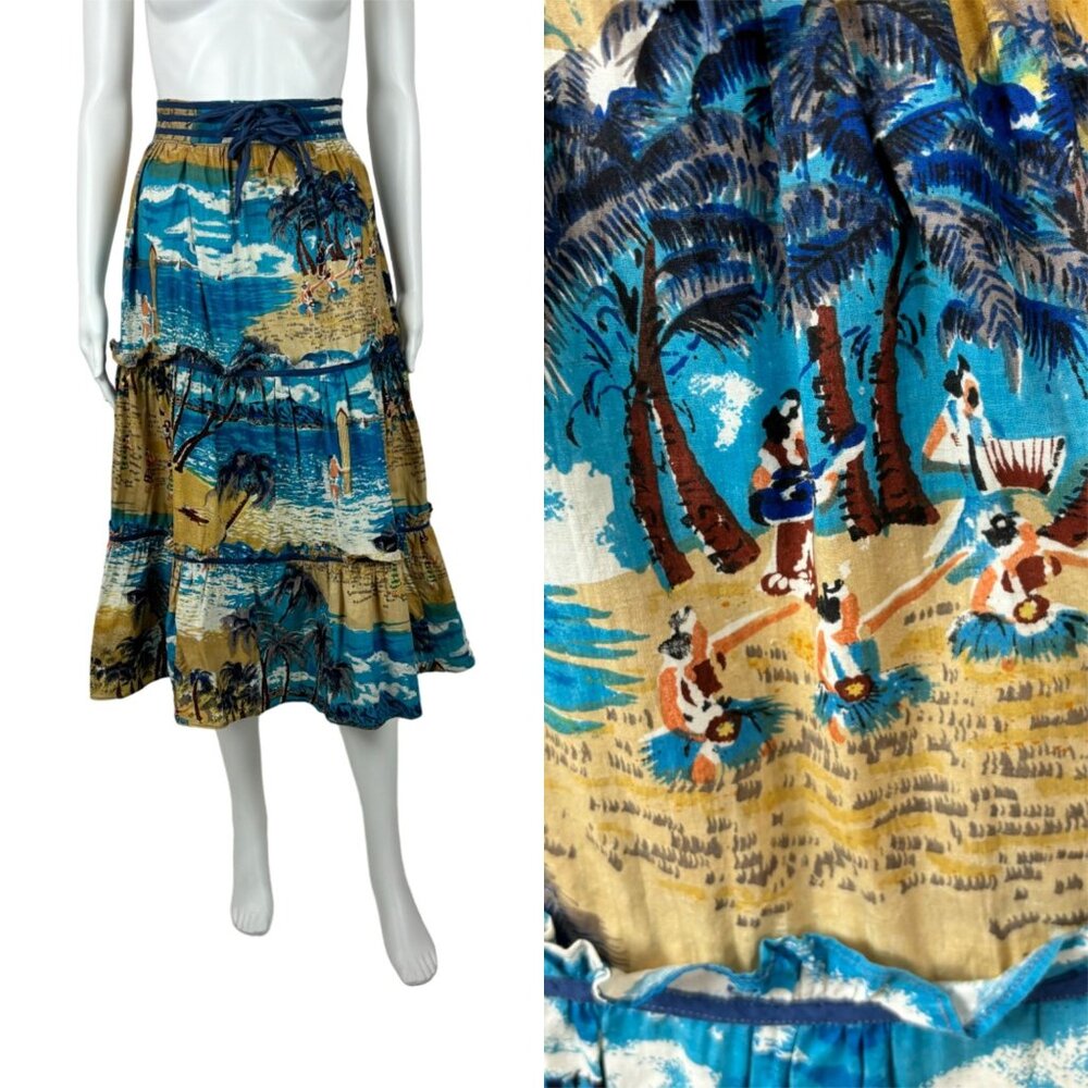 Vintage 70s Hawaiian Skirt Junior's Scenic Tropical Novelty Print Cotton Maxi W